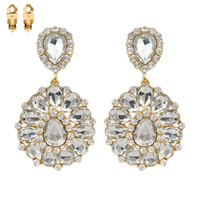 Dangly Teardrop Gem Cluster Metal Clip Earrings